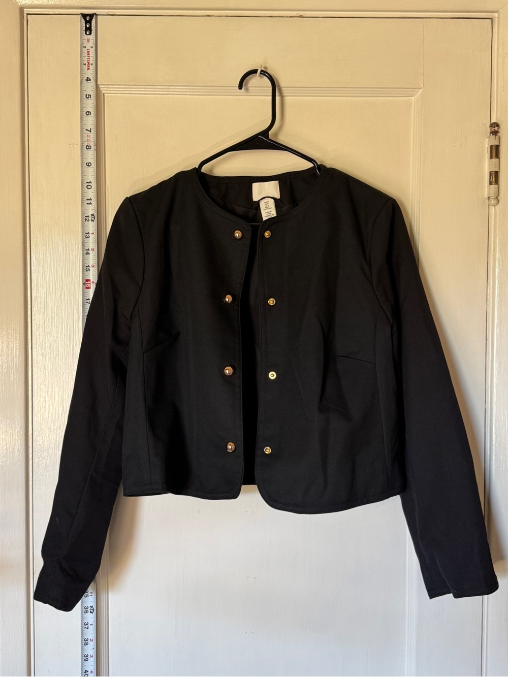 H&M Black Collarless Jacket Women's M Gold Snap Front Minimalist Blazer Office